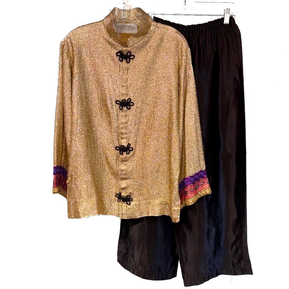 Vintage Gold Chinese Tang Suit Coat with Satin Pants